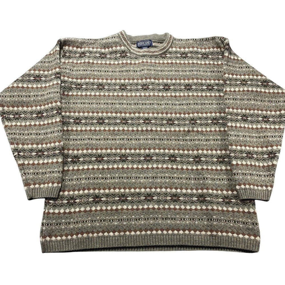 Lands End Womens Gray Fair Isle Lambswool Crewneck Sweater UK Knit Medium
